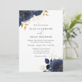 Navy Blue & Gold Rozen Elegant Wedding Kaart (Staand voorkant)
