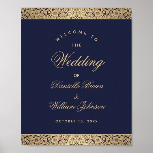 Navy Blue Gold Rozen Elegant Wedding Welcome Sign Poster (Voorkant)
