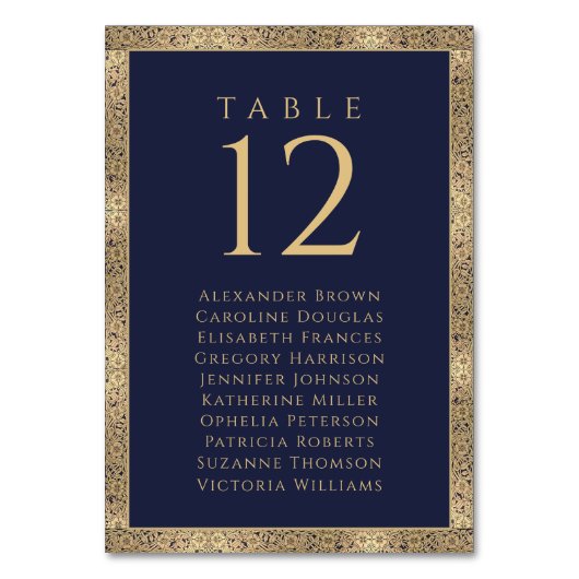 Navy Blue Gold Rozen Guest Names Seating Chart Kaart (Achterkant)