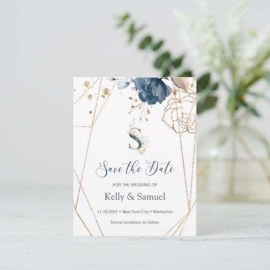 Navy blue & gold rozen Sla de datum op Save The Date (Staand voorkant)