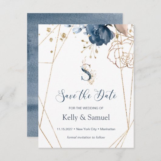 Navy blue & gold rozen Sla de datum op Save The Date (Voorkant / Achterkant)