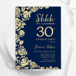 Navy Blue Gold Rozen Verrassing 30e Verjaardag Kaart<br><div class="desc">Navy blauw goud bloemen verrassing 30e verjaardag uitnodiging. Elegant ontwerp met rozen,  faux gouden folie en typografisch lettertype. Trendy uitnodigingskaart ideaal voor een stijlvol vrouw bday-feest. Kan worden aangepast aan elke leeftijd. Gedrukte Zazzle-uitnodigingen of direct downloadbare digitale afdrukbare sjabloon.</div>