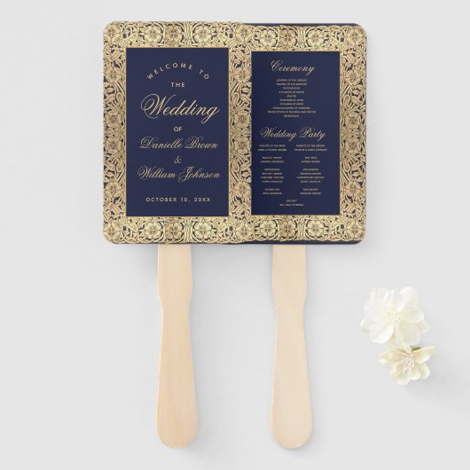 Navy Blue Gold Rozen Vintage bruiloft programma Handwaaier (Voorkant en achterkant)