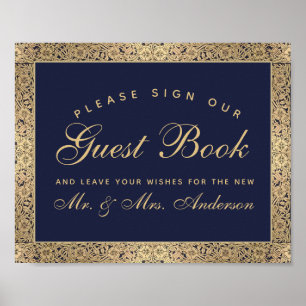 Navy Blue Gold Rozen Weddenschap Ons gastboek Poster