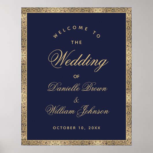 Navy Blue Gold Rozen Welkom bij het huwelijksbord Poster (Voorkant)