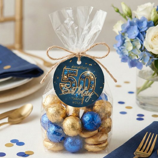 Navy Blue Gold Sapphire Gemstone 50th Birthday Bedankjes Labels