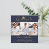 Navy Blue Gold Script Afstuderen 4 foto-Afstuderen Aankondiging (Staand voorkant)