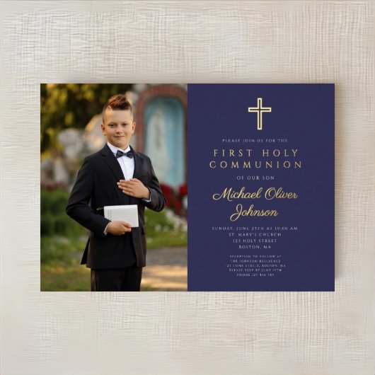 Navy Blue Gold Script Boy Foto eerste communie Folie Uitnodiging