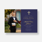 Navy Blue Gold Script Boy Foto eerste communie Folie Uitnodiging