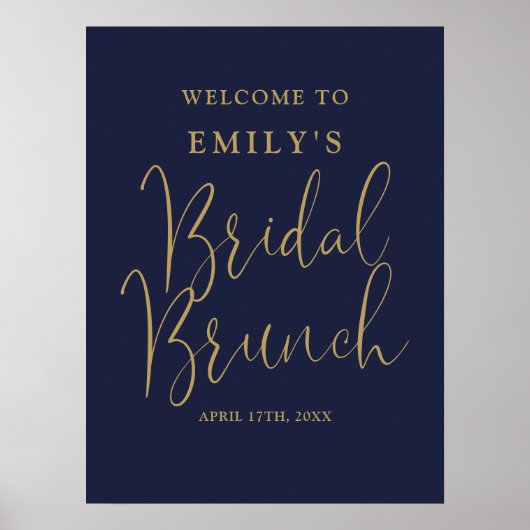 Navy Blue Gold Script Bruids Brunch Welkomstbord Poster (Voorkant)