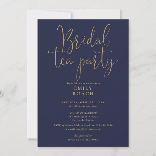 Navy Blue Gold Script Bruids Tea Party Douche Kaart (Voorkant)