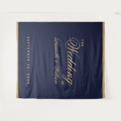 Navy Blue Gold Script Calligraphy Weddenschap Back Wandkleed (Voorkant (horizontaal))