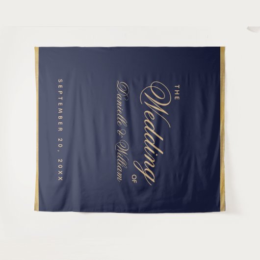 Navy Blue Gold Script Calligraphy Weddenschap Back Wandkleed (Voorkant (horizontaal))