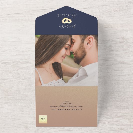Navy Blue Gold Script Fotobruiloft All In One Uitnodiging (Buitenkant)
