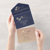 Navy Blue Gold Script Fotobruiloft All In One Uitnodiging (Afscheurbaar)