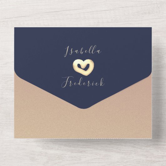 Navy Blue Gold Script Fotobruiloft All In One Uitnodiging (Achterkant)