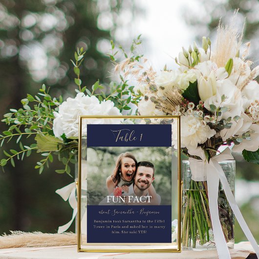 Navy Blue & Gold Script Fun Facts Photo Wedding Kaart