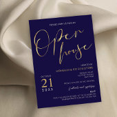 Navy Blue & Gold Script Logo Business Open House Kaart