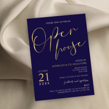 Navy Blue & Gold Script Logo Business Open House