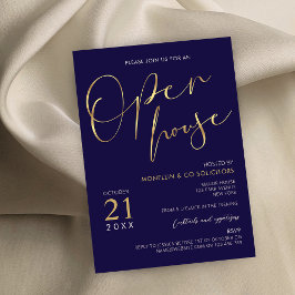 Navy Blue & Gold Script Logo Business Open House Kaart