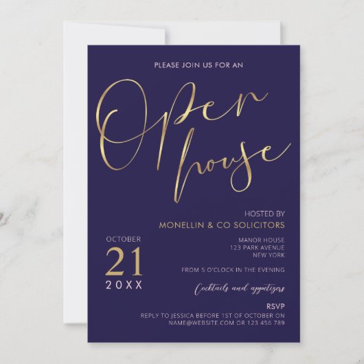 Navy Blue & Gold Script Logo Business Open House Kaart (Voorkant)
