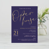 Navy Blue & Gold Script Logo Business Open House Kaart (Staand voorkant)