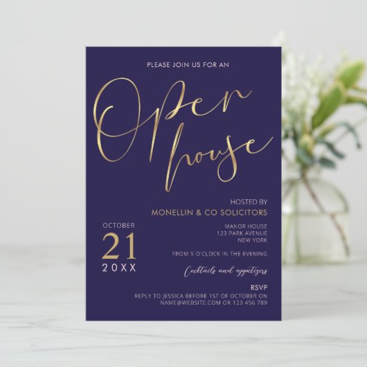 Navy Blue & Gold Script Logo Business Open House Kaart (Staand voorkant)
