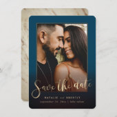Navy Blue Gold Script & marble Photo Overlay Save The Date (Voorkant / Achterkant)