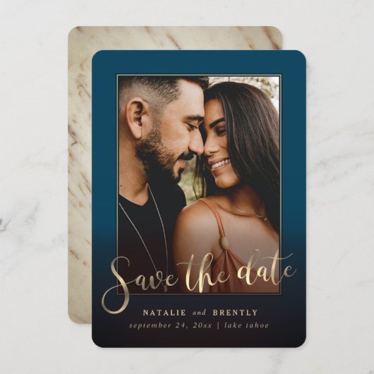 Navy Blue Gold Script & marble Photo Overlay Save The Date (Voorkant / Achterkant)
