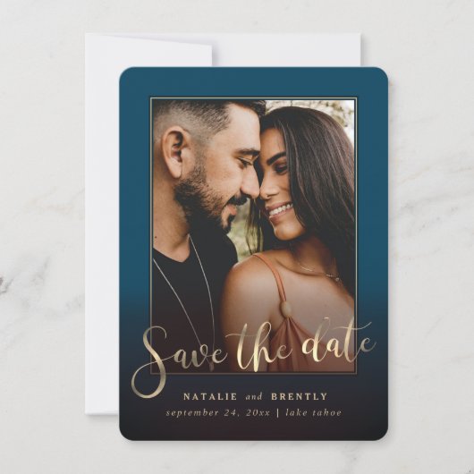 Navy Blue Gold Script & marble Photo Overlay Save The Date (Voorkant)