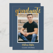Navy Blue Gold Script Photo Graduparty Kaart (Voorkant / Achterkant)