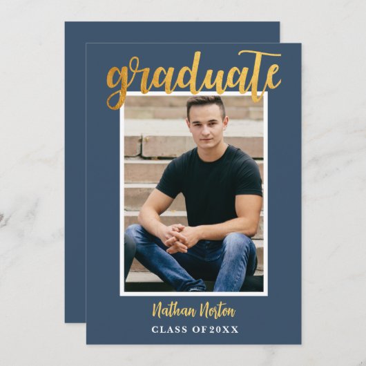 Navy Blue Gold Script Photo Graduparty Kaart (Voorkant / Achterkant)