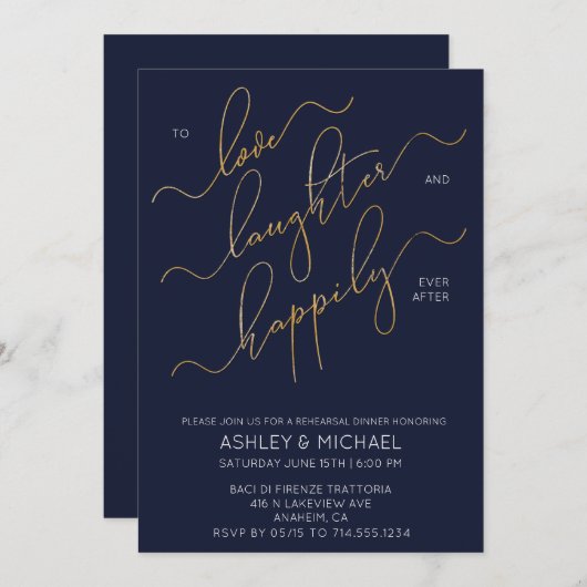Navy Blue Gold Script Repetitie Diner Uitnodigen Kaart (Voorkant / Achterkant)