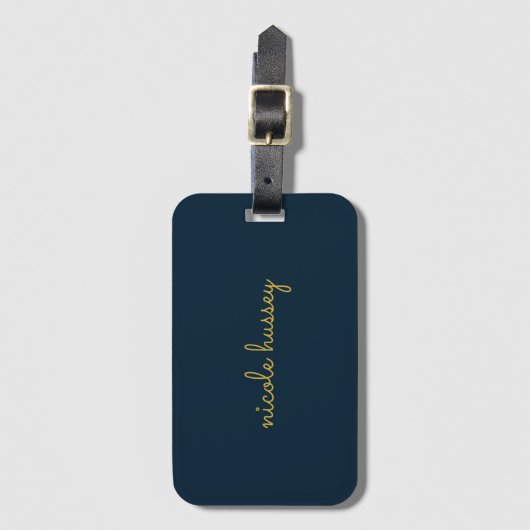 Navy Blue Gold Script  | Stylish Monogram Modern Bagagelabel (Voorkant (verticaal))