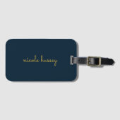 Navy Blue Gold Script  | Stylish Monogram Modern Bagagelabel (Voorkant (horizontaal))