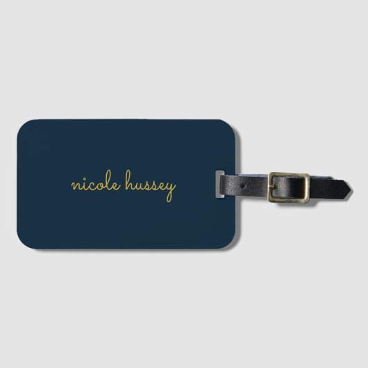 Navy Blue Gold Script  | Stylish Monogram Modern Bagagelabel (Voorkant (horizontaal))