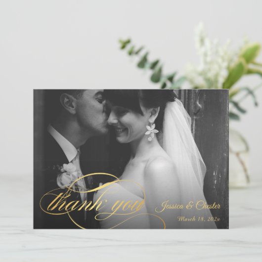 Navy Blue & Gold Script Weduwfoto Hartelijk dank Bedankkaart (Staand voorkant)