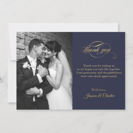 Navy Blue & Gold Script Weduwfoto Hartelijk dank Bedankkaart (Achterkant)