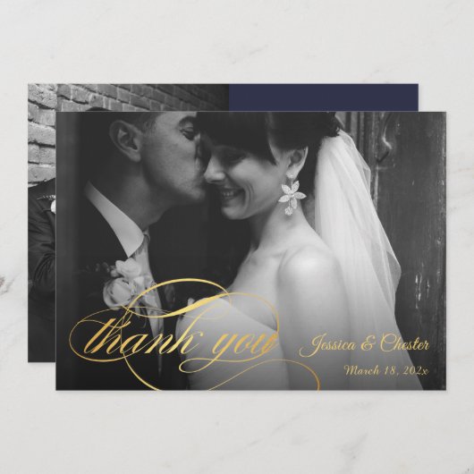 Navy Blue & Gold Script Weduwfoto Hartelijk dank Bedankkaart (Voorkant / Achterkant)
