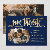Navy Blue Gold Script Weduwfoto slaat de datum op Save The Date (Voorkant / Achterkant)