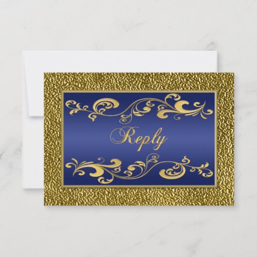 Navy Blue, Gold Scrolled Reply Card RSVP Kaartje (Voorkant)