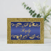 Navy Blue, Gold Scrolled Reply Card RSVP Kaartje (Staand voorkant)