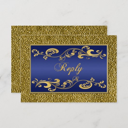 Navy Blue, Gold Scrolled Reply Card RSVP Kaartje (Voorkant / Achterkant)