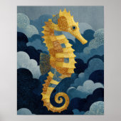 Navy Blue& Gold Seahorse Kintsugi Nautical Art Poster (Voorkant)
