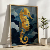Navy Blue& Gold Seahorse Kintsugi Nautical Art Poster