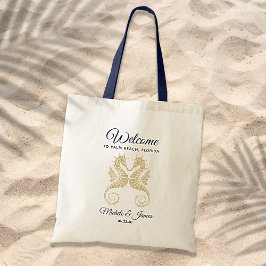 Navy Blue Gold Seapaarden Weddenschap Welkom Tote Bag