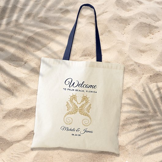 Navy Blue Gold Seapaarden Weddenschap Welkom Tote Bag