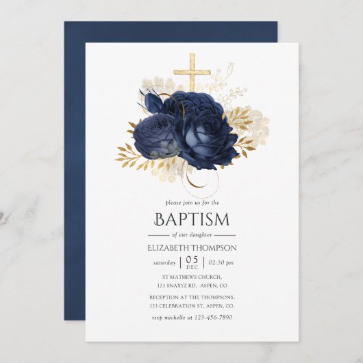 Navy Blue & Gold  Shabby Rozen Baptisme Kaart (Voorkant / Achterkant)