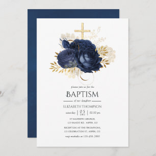 Navy Blue & Gold Shabby Rozen Baptisme Kaart