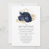Navy Blue & Gold Shabby Rozen Bat Mitzvah Kaart (Voorkant)